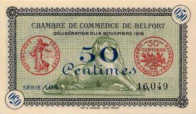 Billet de la Chambre de Commerce de Belfort - 50 centimes - d�lib�ration du 4 novembre 1918 - avec surcharge bleue - s�rie 104