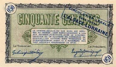 Billet de la Chambre de Commerce de Belfort - 50 centimes - d�lib�ration du 4 novembre 1918 - avec surcharge bleue - s�rie 104