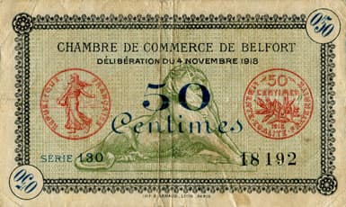 Billet de la Chambre de Commerce de Belfort - 50 centimes - d�lib�ration du 4 novembre 1918 - avec surcharge bleue - s�rie 130 - n� 18192
