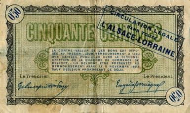 Billet de la Chambre de Commerce de Belfort - 50 centimes - d�lib�ration du 4 novembre 1918 - avec surcharge bleue - s�rie 130 - n� 18192