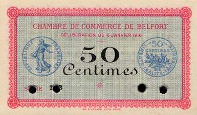 Billet de la Chambre de Commerce de Belfort - 50 centimes - d�lib�ration du 6 janvier 1916 - sp�cimen