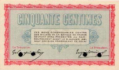 Billet de la Chambre de Commerce de Belfort - 50 centimes - d�lib�ration du 6 janvier 1916 - sp�cimen