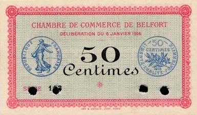 Billet de la Chambre de Commerce de Belfort - 50 centimes - d�lib�ration du 6 janvier 1916 - sp�cimen