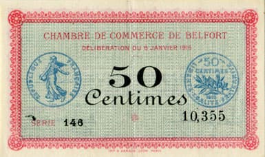 Billet de la Chambre de Commerce de Belfort - 50 centimes - d�lib�ration du 6 janvier 1916 - s�rie 146 - n� 10,355