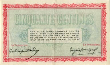 Billet de la Chambre de Commerce de Belfort - 50 centimes - d�lib�ration du 6 janvier 1916 - s�rie 146 - n� 10,355