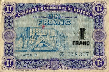 Billet de la Chambre de Commerce de Belfort - 1 franc - d�lib�ration du 12 octobre 1921 - s�rie B