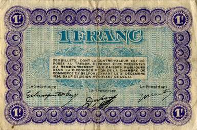 Billet de la Chambre de Commerce de Belfort - 1 franc - d�lib�ration du 12 octobre 1921 - s�rie B