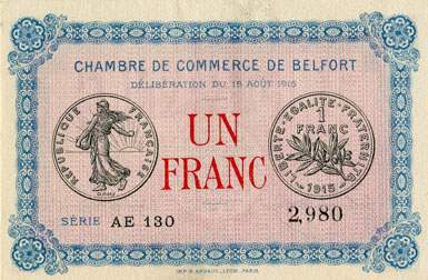 Billet de la Chambre de Commerce de Belfort - 1 franc - d�lib�ration du 18 ao�t 1915 - s�rie AE 130