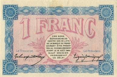 Billet de la Chambre de Commerce de Belfort - 1 franc - d�lib�ration du 18 ao�t 1915 - s�rie AE 130