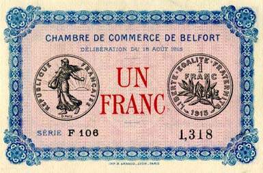 Billet de la Chambre de Commerce de Belfort - 1 franc - d�lib�ration du 18 ao�t 1915