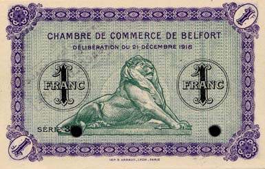 Billet de la Chambre de Commerce de Belfort - 1 franc - d�lib�ration du 21 d�cembre 1918 - avec surcharge noire - sp�cimen annul�