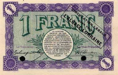 Billet de la Chambre de Commerce de Belfort - 1 franc - d�lib�ration du 21 d�cembre 1918 - avec surcharge noire - sp�cimen annul�
