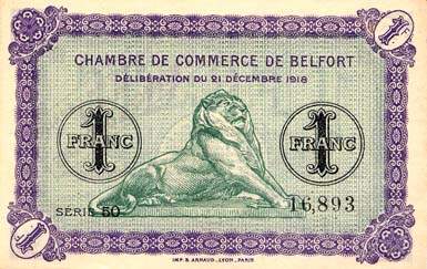 Billet de la Chambre de Commerce de Belfort - 1 franc - d�lib�ration du 21 d�cembre 1918 - avec surcharge violet-rouge