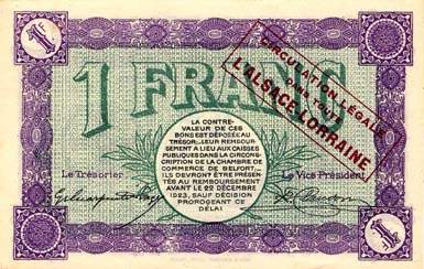 Billet de la Chambre de Commerce de Belfort - 1 franc - d�lib�ration du 21 d�cembre 1918 - s�rie 50 - n� 16,893 avec surcharge violet-rouge