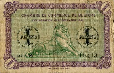 Billet de la Chambre de Commerce de Belfort - 1 franc - d�lib�ration du 21 d�cembre 1918 - s�rie 14 - n� 10,433 avec surcharge noire