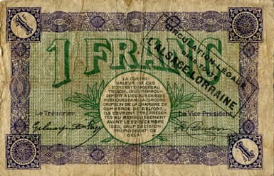 Billet de la Chambre de Commerce de Belfort - 1 franc - d�lib�ration du 21 d�cembre 1918 - s�rie 14 - n� 10,433 avec surcharge noire