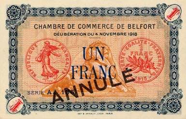 Billet de la Chambre de Commerce de Belfort - 1 franc - d�lib�ration du 4 novembre 1918 - sp�cimen