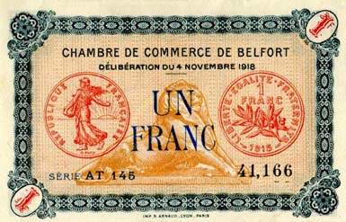 Billet de la Chambre de Commerce de Belfort - 1 franc - d�lib�ration du 4 novembre 1918 - s�rie AT 145