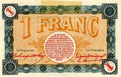 Billet de la Chambre de Commerce de Belfort - 1 franc - d�lib�ration du 4 novembre 1918 - s�rie AT 145