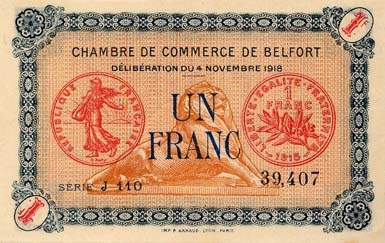 Billet de la Chambre de Commerce de Belfort - 1 franc - d�lib�ration du 4 novembre 1918 - s�rie J 110