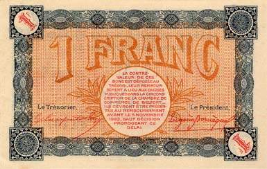 Billet de la Chambre de Commerce de Belfort - 1 franc - d�lib�ration du 4 novembre 1918 - s�rie J 110