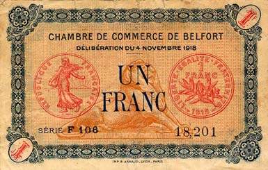 Billet de la Chambre de Commerce de Belfort - 1 franc - d�lib�ration du 4 novembre 1918