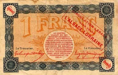 Billet de la Chambre de Commerce de Belfort - 1 franc - d�lib�ration du 4 novembre 1918