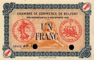 Billet de la Chambre de Commerce de Belfort - 1 franc - d�lib�ration du 4 novembre 1918 - s�rie AF - surcharge rouge - sp�cimen annul�
