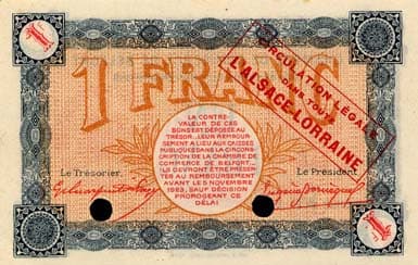 Billet de la Chambre de Commerce de Belfort - 1 franc - d�lib�ration du 4 novembre 1918 - s�rie AF - surcharge rouge - sp�cimen annul�