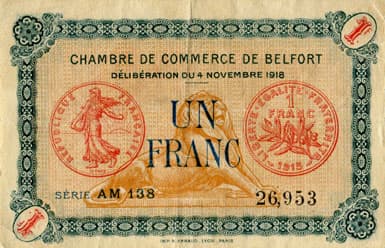Billet de la Chambre de Commerce de Belfort - 1 franc - d�lib�ration du 4 novembre 1918 - s�rie AM 138 - n� 26953 - surcharge rouge