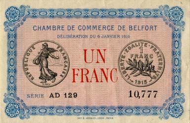 Billet de la Chambre de Commerce de Belfort - 1 franc - d�lib�ration du 6 janvier 1916 - s�rie AD 129 - n� 10,777