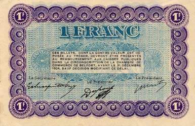 Billet de la Chambre de Commerce de Belfort - 1 franc - remboursement avant le 31 d�cembre 1924