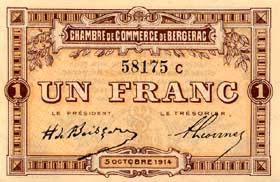Billet de la Chambre de Commerce de Bergerac - 1 franc - d�lib�ration du 5 octobre 1914 - s�rie C