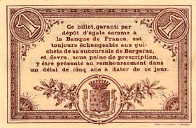 Billet de la Chambre de Commerce de Bergerac - 1 franc - délibération du 5 octobre 1914 -  série C