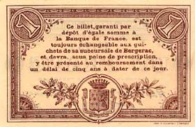 Billet de la Chambre de Commerce de Bergerac - 1 franc - d�lib�ration du 5 octobre 1914 -  s�rie C