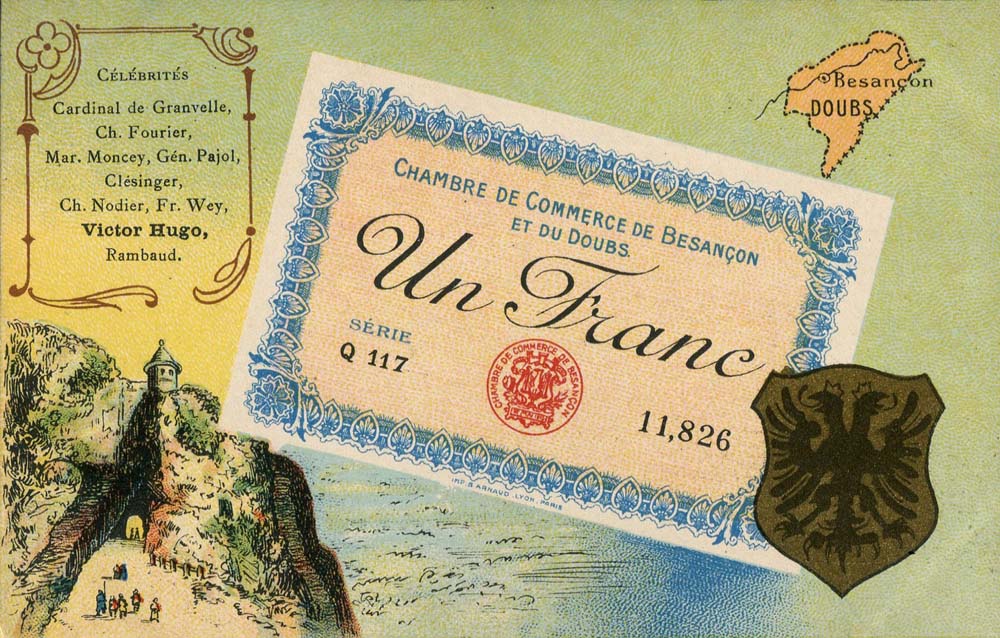 Carte postale représentant un billet de 1 franc de la Chambre de Commerce de Besançon et du Doubs