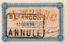 Billet de la Chambre de Commerce de Besançon & du Doubs - 1 franc - remboursement avant le 1er août 1920 - spécimen annulé novembre 1915