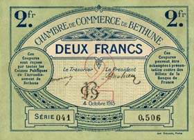 Billet de la Chambre de Commerce de B�thune - 2 francs - 4 octobre 1915 - s�rie 041