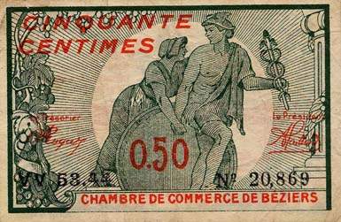 Billet de la Chambre de Commerce de B�ziers - 50 centimes - d�lib�ration du 13 avril 1920 - s�rie VV