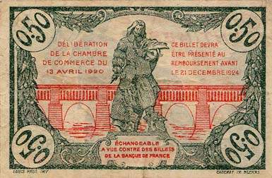 Billet de la Chambre de Commerce de B�ziers - 50 centimes - d�lib�ration du 13 avril 1920 - s�rie VV