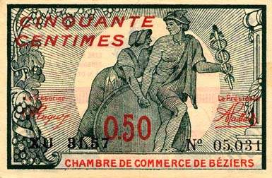 Billet de la Chambre de Commerce de B�ziers - 50 centimes - d�lib�ration du 13 avril 1920 - s�rie XU