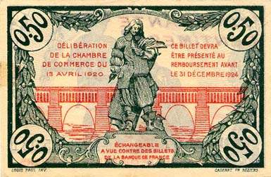 Billet de la Chambre de Commerce de B�ziers - 50 centimes - d�lib�ration du 13 avril 1920 - s�rie XU