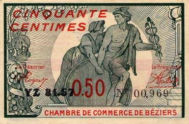 Billet de la Chambre de Commerce de B�ziers - 50 centimes - d�lib�ration du 19 novembre 1918 - sans filigrane