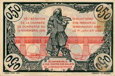 Billet de la Chambre de Commerce de B�ziers - 50 centimes - d�lib�ration du 19 novembre 1918 - sans filigrane