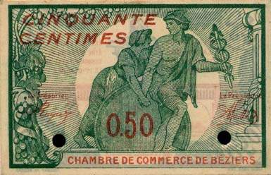 Billet de la Chambre de Commerce de B�ziers - 50 centimes - d�lib�ration du 4 d�cembre 1916 - sans filigrane - sp�cimen annul�