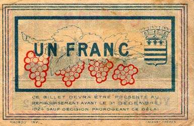 Billet de la Chambre de Commerce de B�ziers - 1 franc - d�lib�ration du 13 avril 1920 - sans filigrane