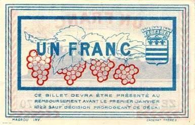 Billet de la Chambre de Commerce de B�ziers - 1 franc - d�lib�ration du 19 novembre 1918 - sans filigrane