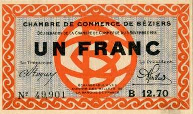 Billet de la Chambre de Commerce de B�ziers - 1 franc - d�lib�ration du 5 novembre 1914 - cachet en bas � droite