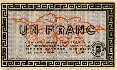 Billet de la Chambre de Commerce de B�ziers - 1 franc - d�lib�ration du 5 novembre 1914 - cachet en bas � droite