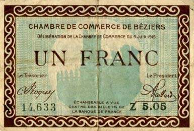Billet de la Chambre de Commerce de B�ziers - 1 franc - d�lib�ration du 9 juin 1915 - cachet � gauche